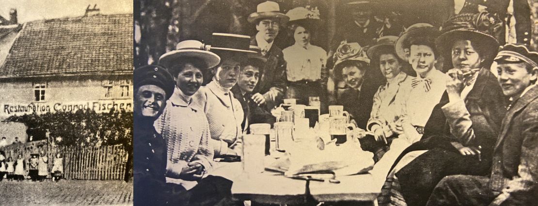 Gastfreundschaft wird im FischerS Hotel und Restaurant groß geschrieben Schwarz-weiß Fotos von mehreren Menschen an einem Esstisch und vor dem alten Hotel